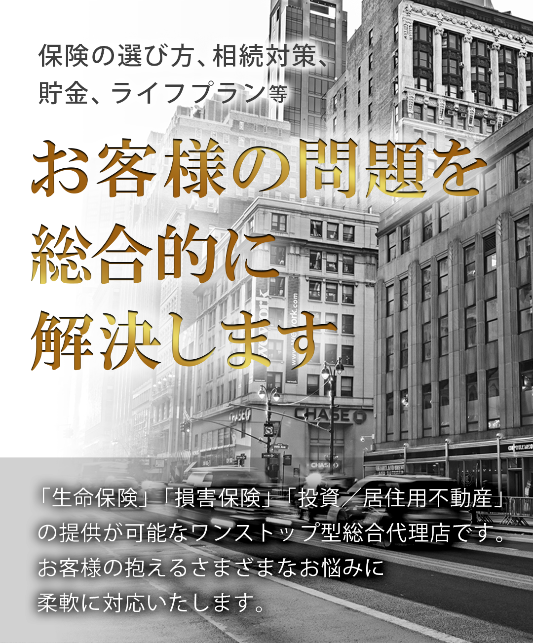 保険の選び方、相続対策、貯金、ライフプラン等、お客様の問題を総合的に解決します。「生命保険」、「損害保険」、「投資有価証券」、「投資/居住用不動産」の提供が可能なワンストップ型総合金融代理店です。お客様の抱えるさまざまなお悩みに柔軟に対応いたします。